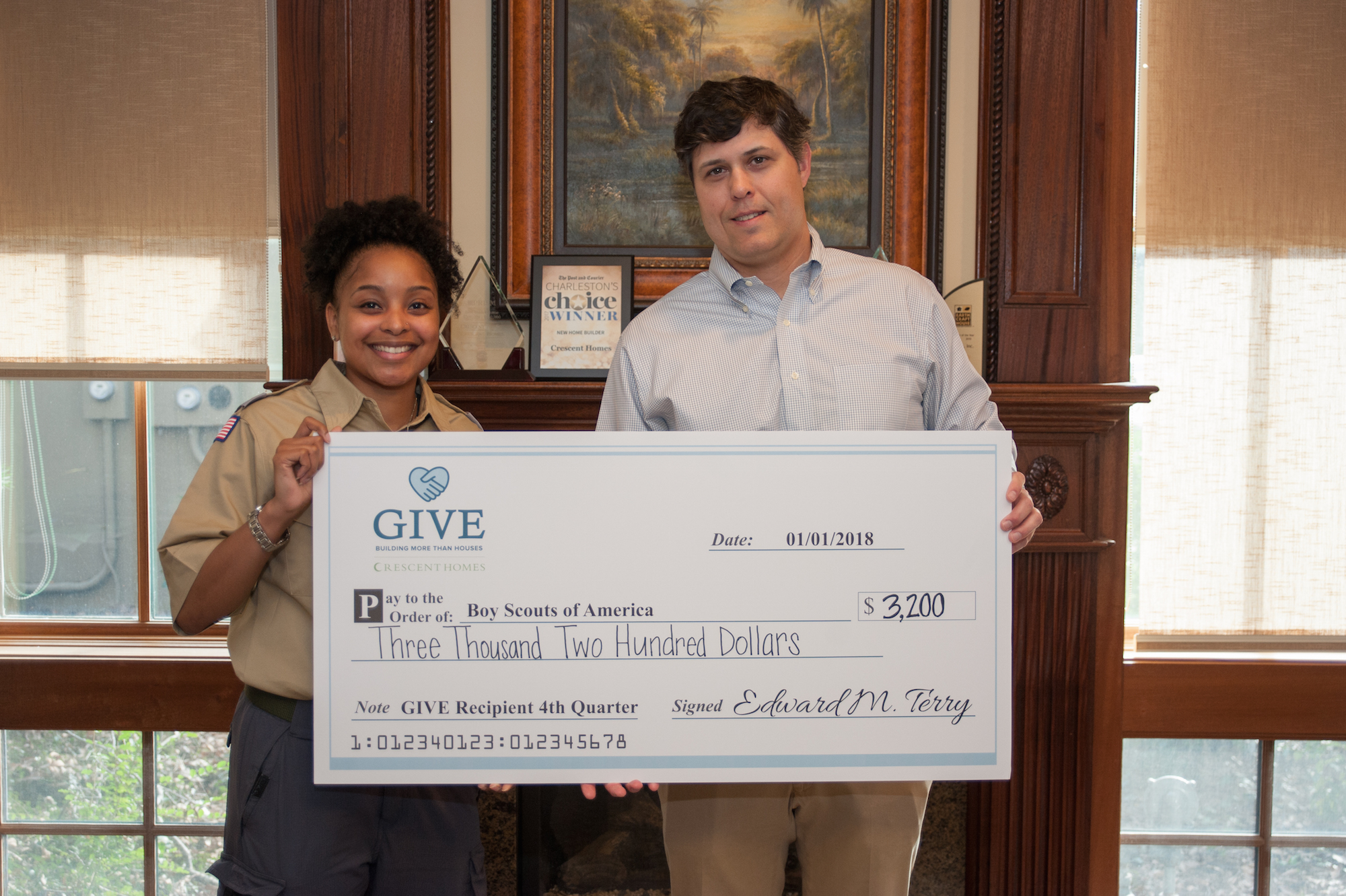 Crescent Homes Give Program Donation Check Presentation Boy Scouts